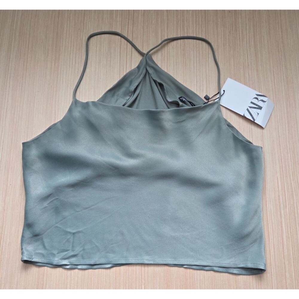 Zara Women's Small Silky Satin Crop Racerback Tank Top Olive Green NEW
